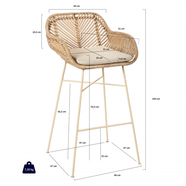 Nunuhai - Lot de 2 tabourets de bar en rotin pieds beige 76cm
