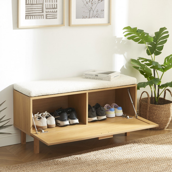 June - Banc d'entrée avec rangement chaussures en bois et cannage L100cm