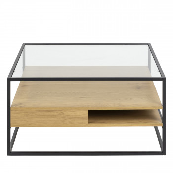 Luma - Table basse carrée en verre, bois et métal 80x80cm