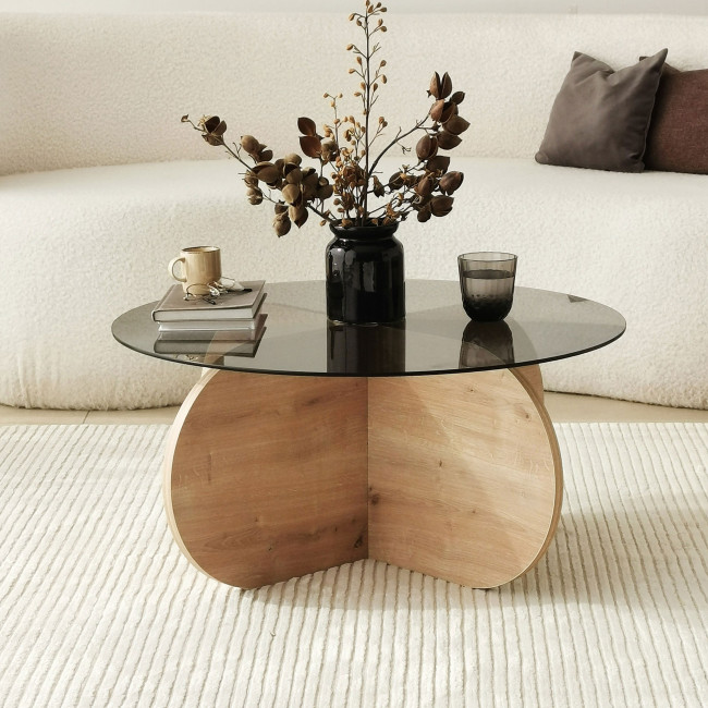 Bully - Table basse ronde en verre trempé et bois ø75cm