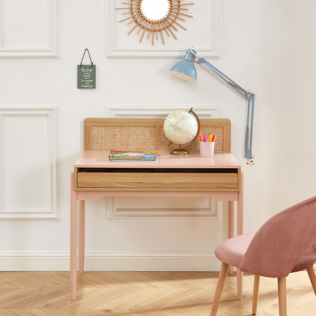 Lilou - Bureau enfant 1 tiroir en bois et cannage H95cm