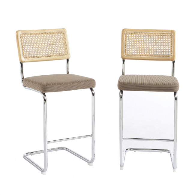 Skana - Lot de 2 chaises de bar en velours côtelé pieds chrome H66cm