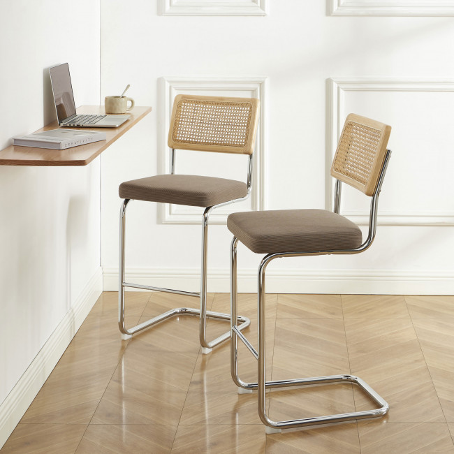 Skana - Lot de 2 chaises de bar en velours côtelé pieds chrome H66cm