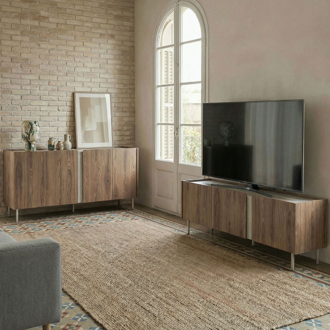 Boxy - Buffet 4 portes en bois et effet travertin L180cm