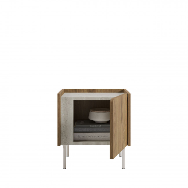 Boxy - Table de chevet 1 porte en bois et effet travertin