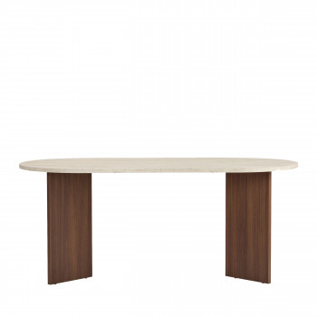 Sam - Table à manger 8 personnes ovale en bois et effet travertin
