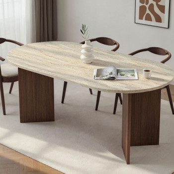 Sam - Table à manger 8 personnes ovale en bois et effet travertin