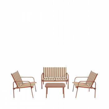 Kallia - Salon de jardin 1 canapé, 2 fauteuils, 1 table basse à rayures et métal