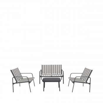 Kallia - Salon de jardin 1 canapé, 2 fauteuils, 1 table basse à rayures et métal