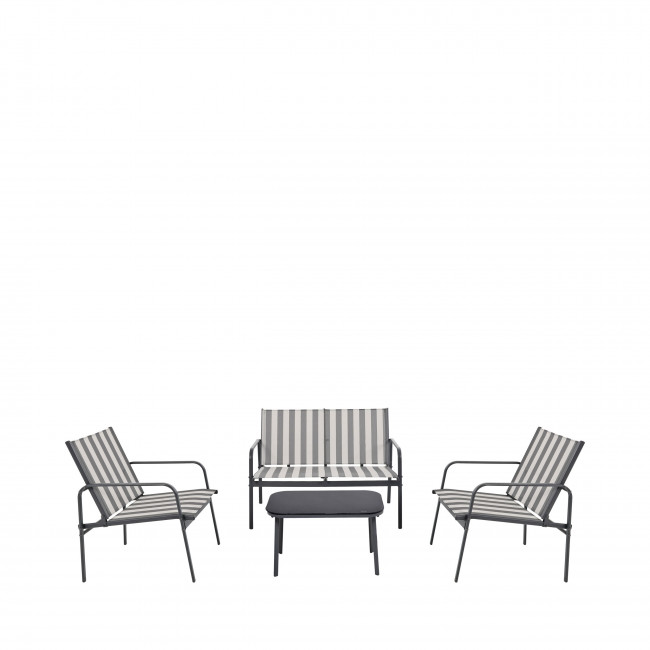 Kallia - Salon de jardin 1 canapé, 2 fauteuils, 1 table basse à rayures et métal