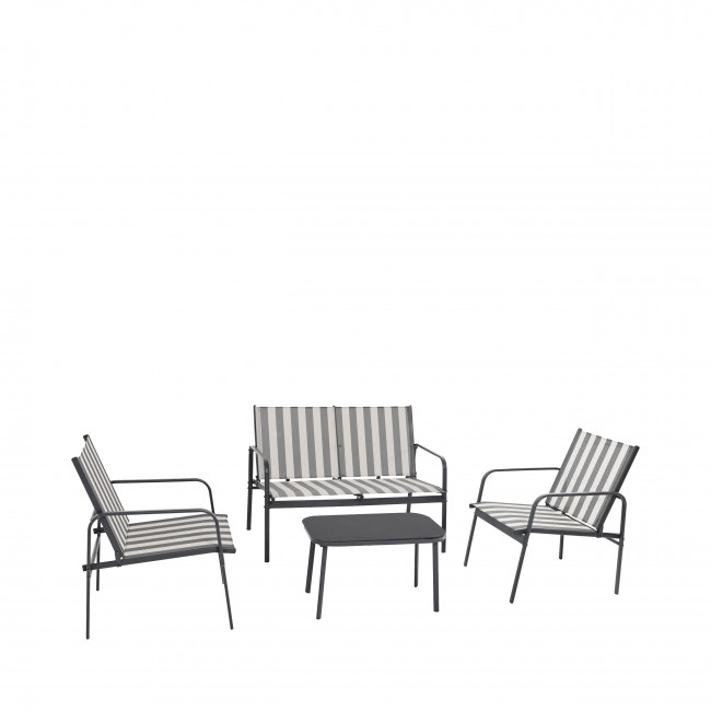 Kallia - Salon de jardin 1 canapé, 2 fauteuils, 1 table basse à rayures et métal