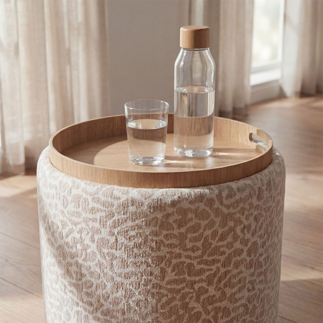 Zoé - Pouf rond imprimé animal avec plateau et rangement ø40cm