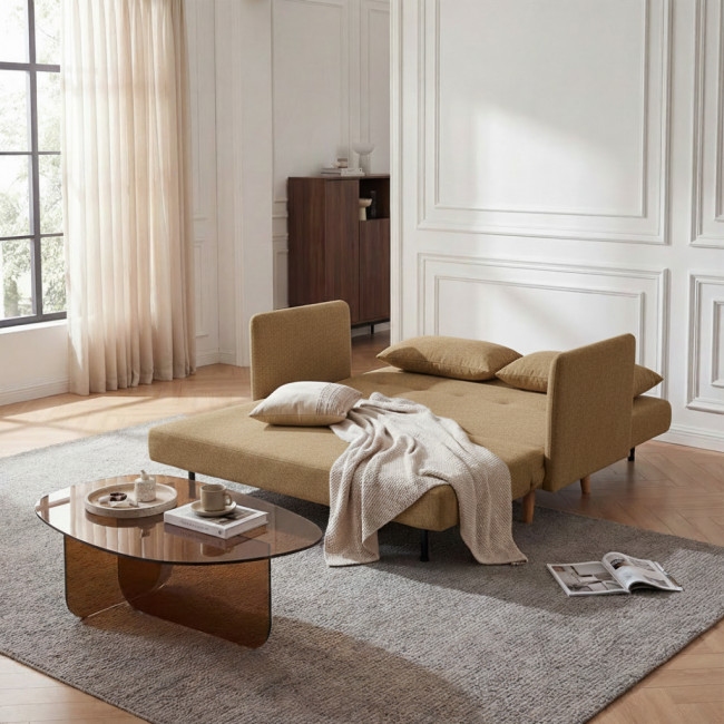 Belushi - Canapé convertible 2 places en tissu pieds bois foncé