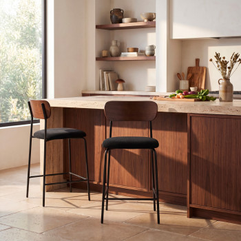 Jess - Lot de 2 chaises de bar bois foncé velours côtelé et métal H65cm