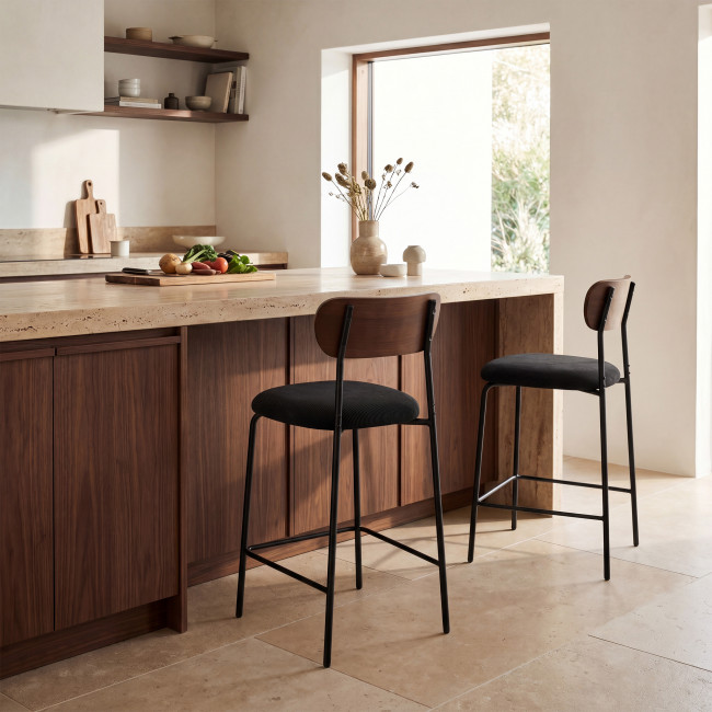 Jess - Lot de 2 chaises de bar bois foncé velours côtelé et métal H65cm