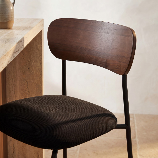 Jess - Lot de 2 chaises de bar bois foncé velours côtelé et métal H65cm