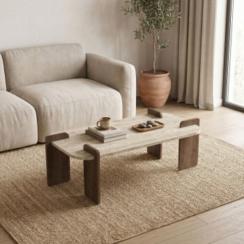 Soleni - Table basse en bois et effet travertin 120x60cm
