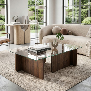 Cubix - Table basse en verre trempé et bois