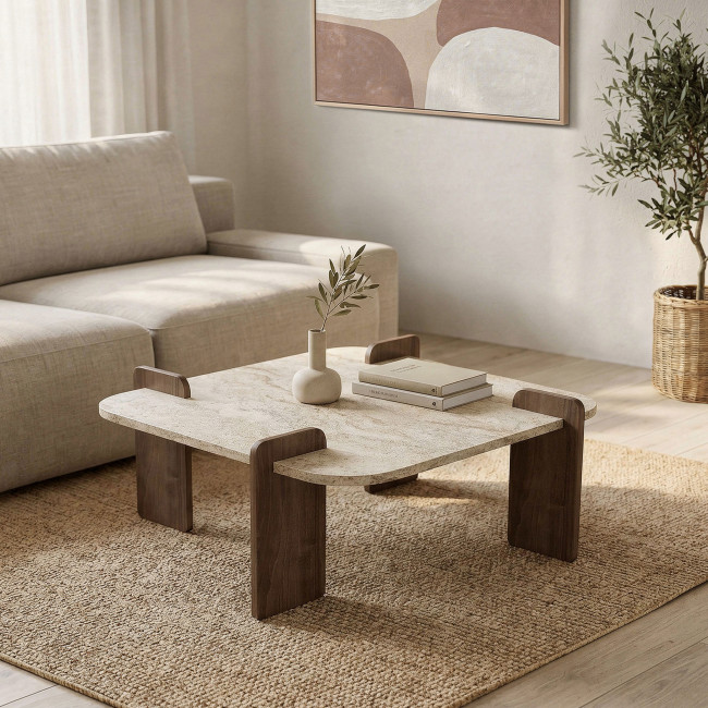 Soleni - Table basse en bois et effet marbre 90x90cm