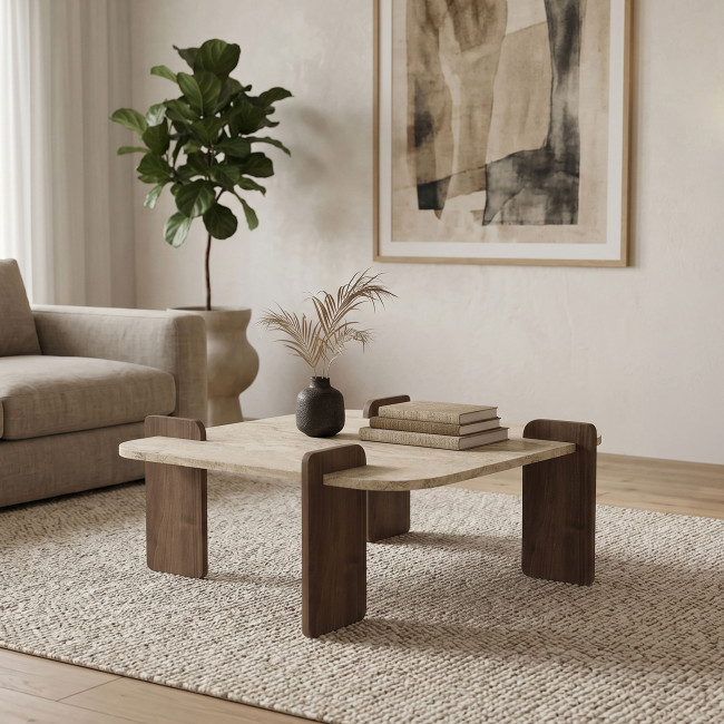 Soleni - Table basse en bois et effet marbre 90x90cm