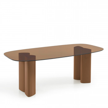 Alty - Table à manger 8 personnes en verre et pieds bois terracotta