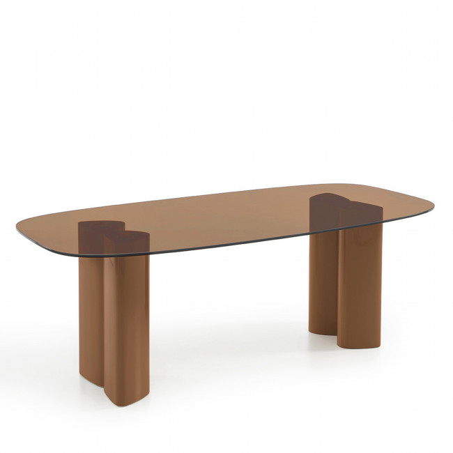 Alty - Table à manger 8 personnes en verre et pieds bois terracotta