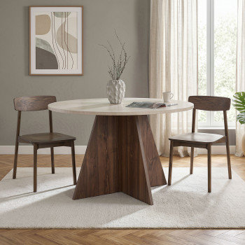 Naro - Table à manger 4 personnes ronde en bois et effet travertin