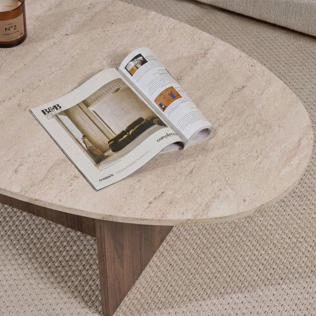 Oris - Table basse organique en bois et effet travertin 120x65cm