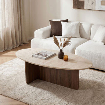 Oris - Table basse organique en bois et effet travertin 120x65cm