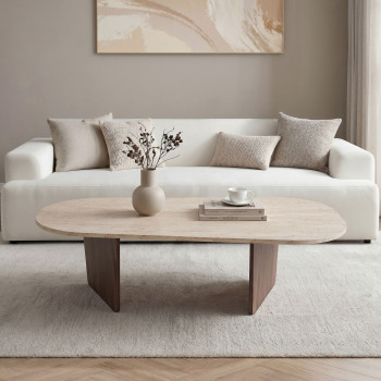 Soma - Table basse ovale en bois et effet travertin 130x65cm