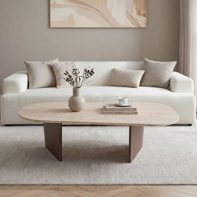 Soma - Table basse ovale en bois et effet travertin 130x65cm