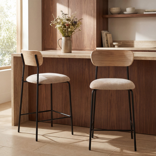 Jess - Lot de 2 chaises de bar bois clair tissu et métal H65cm