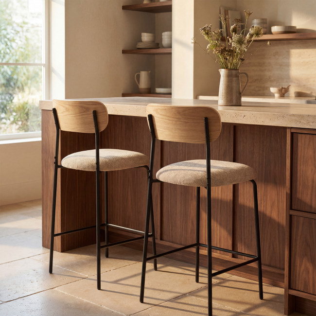 Jess - Lot de 2 chaises de bar bois clair tissu et métal H65cm