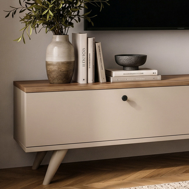 Yara - Meuble TV 2 portes plateau bois foncé L140cm