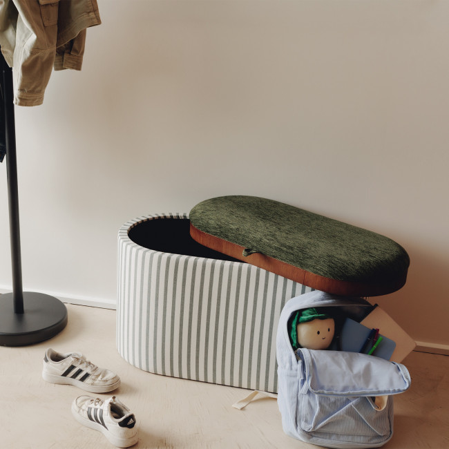 Zoé - Banc ovale en tissu avec plateau et rangement L77cm