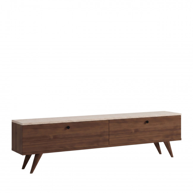 Yara - Meuble TV 2 portes plateau effet travertin et bois L160cm