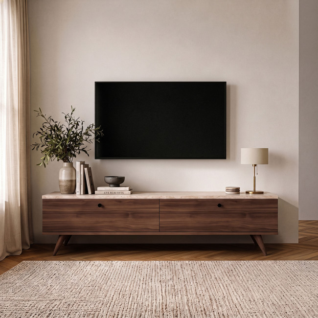 Yara - Meuble TV 2 portes plateau effet travertin et bois L160cm