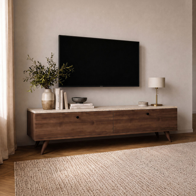 Yara - Meuble TV 2 portes plateau effet travertin et bois L160cm
