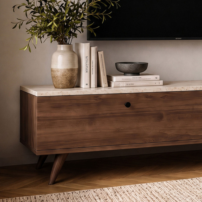 Yara - Meuble TV 2 portes plateau effet travertin et bois L160cm