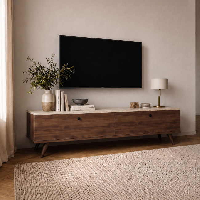 Yara - Meuble TV 2 portes plateau effet travertin et bois L140cm