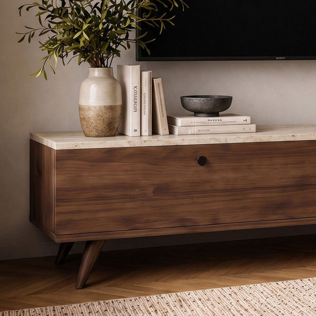 Yara - Meuble TV 2 portes plateau effet travertin et bois L140cm