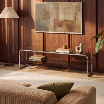 Delio - Meuble TV en verre et pieds chrome L 160 cm