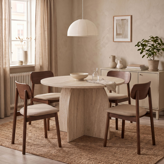 Ferdy - Table à manger 4 personnes ronde effet travertin