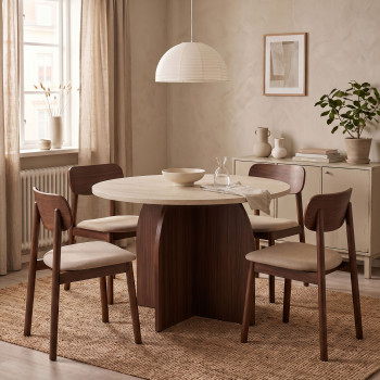 Ferdy - Table à manger 4 personnes ronde en bois et effet travertin 
