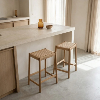 Paolo - Lot de 2 tabourets de bar en corde tressée et bois H 65 cm 
