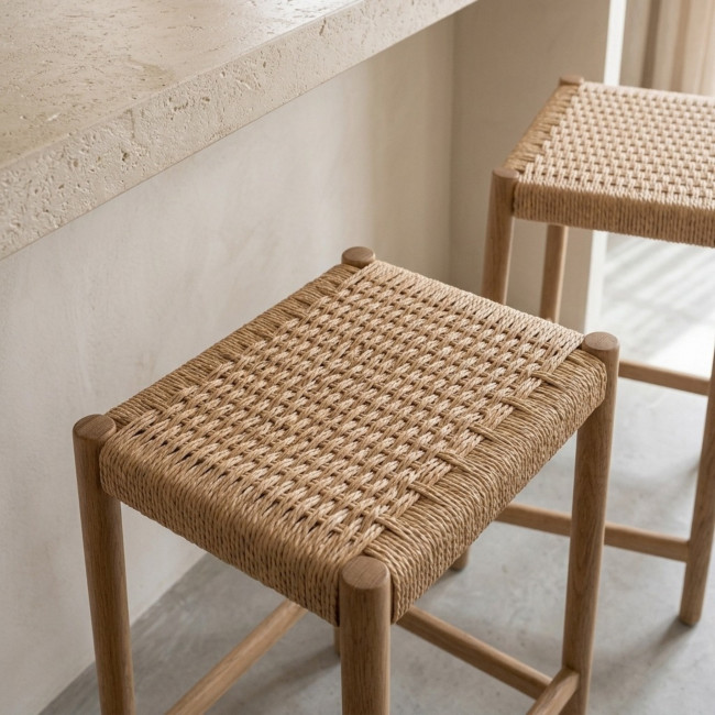 Paolo - Lot de 2 tabourets de bar en corde tressée et bois H 65 cm 