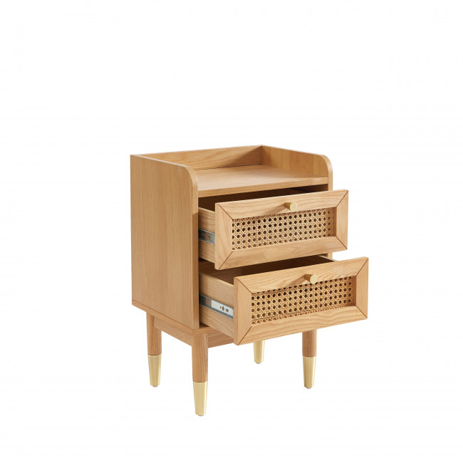 Bombong - Table de chevet 2 tiroirs en bois et cannage